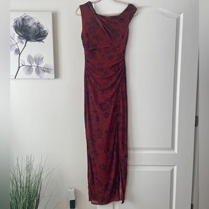 Blue Blush One Shoulder Burgundy Floral Dress